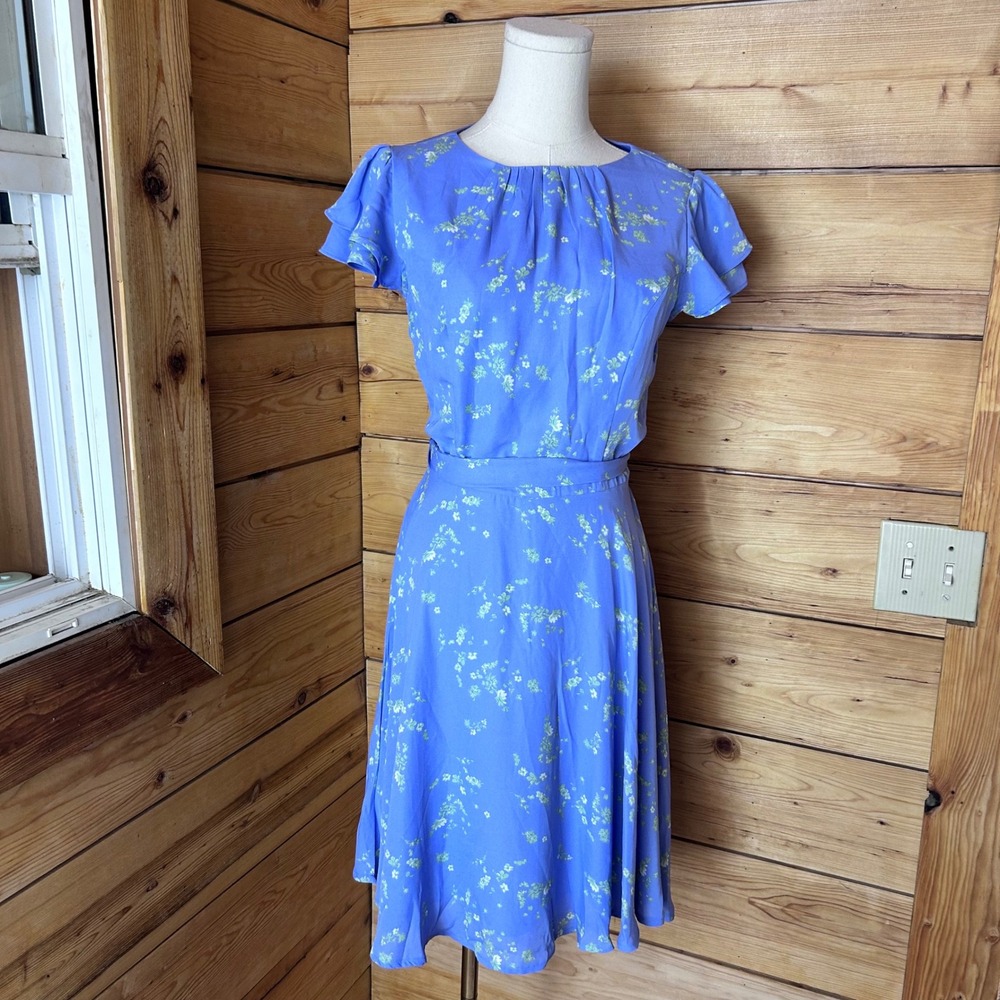 Vintage Floral Dress Womens Extra Small Blue Flutter Sleeve Pleated Suzy Shier